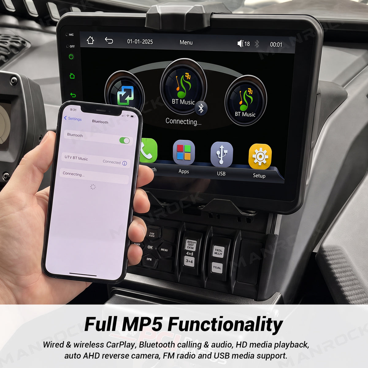 Manrock 10" CarPlay Stereo Kit with AHD Backup Camera and Dash Mount with Storage Box for Can-Am Maverick X3 / X3 MAX
