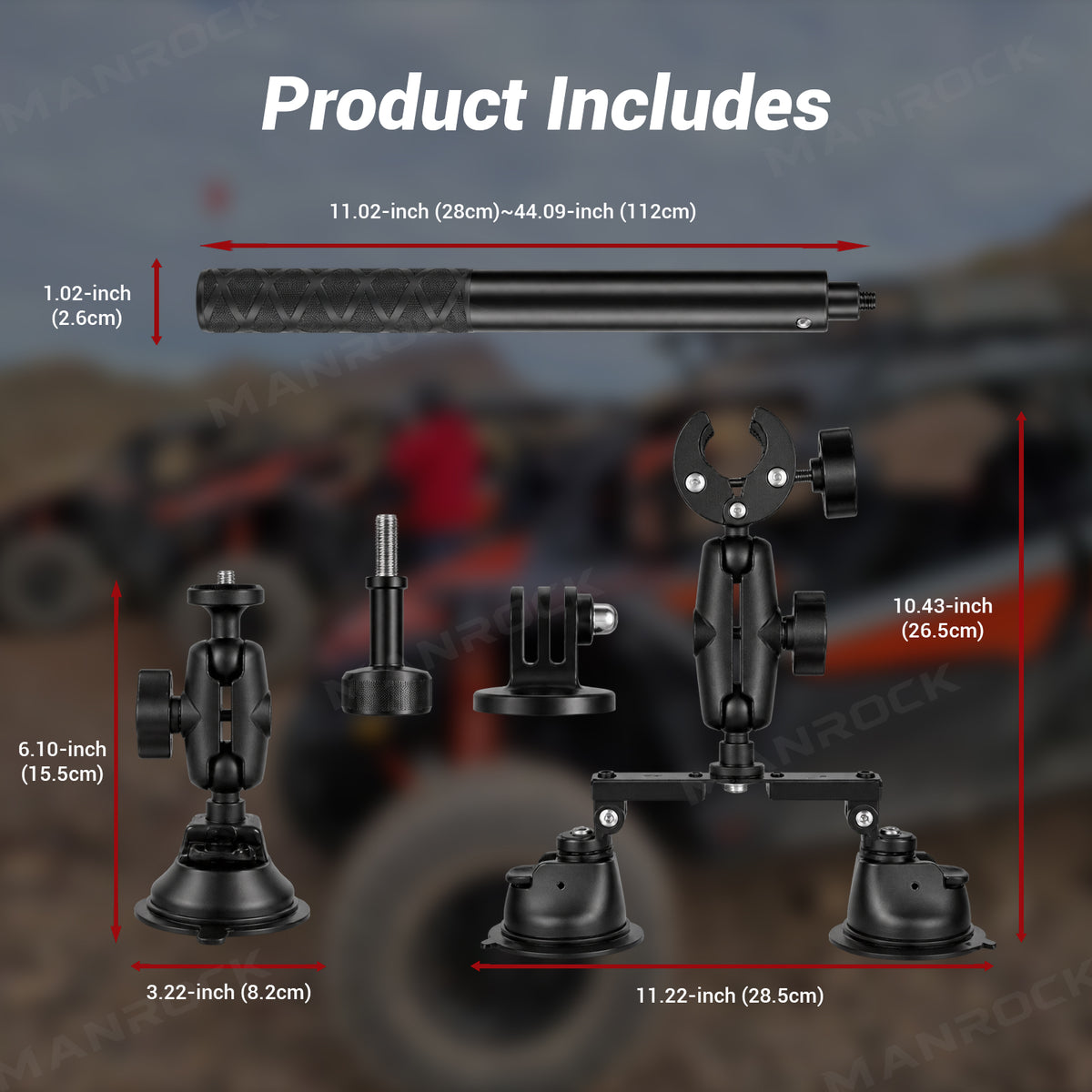 Triple Suction Cup Car Mount Kit Camera Rig with Telescoping Pole Universal UTV Polaris / Can-Am / Honda / Kawasaki / CFMOTO