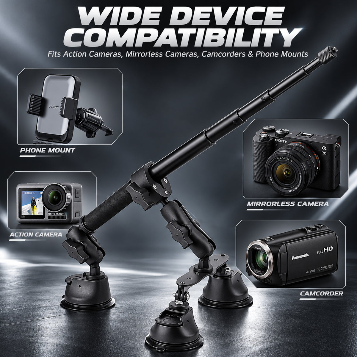 Triple Suction Cup Car Mount Kit Camera Rig with Telescoping Pole Universal UTV Polaris / Can-Am / Honda / Kawasaki / CFMOTO
