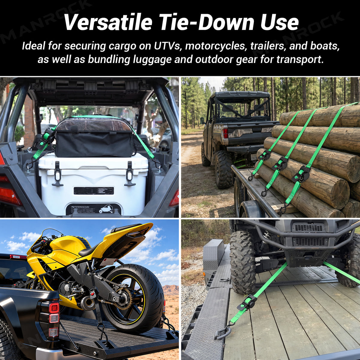 UTV ATV Retractable Ratchet Straps 1In ×10Ft Retractable Tie Downs 4PCS Universal UTV Polaris / Can-Am / Honda / Kawasaki / CFMOTO