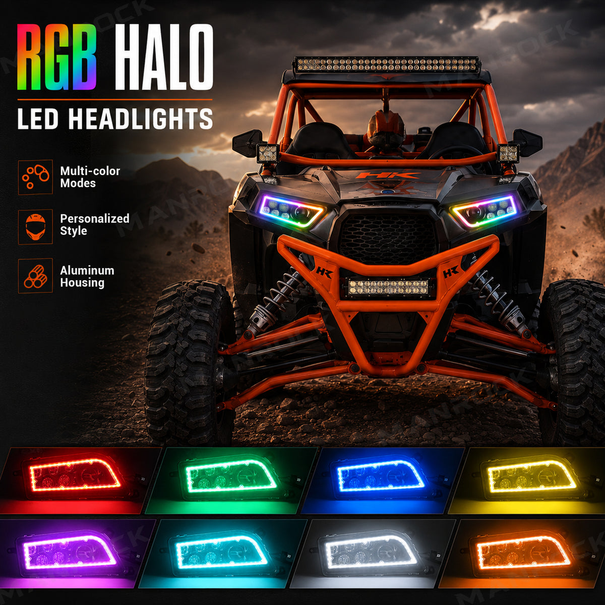 RGB Halo Kits LED Headlight Assembly Angel Eyes Halo Ring 2PCS for Polaris RZR