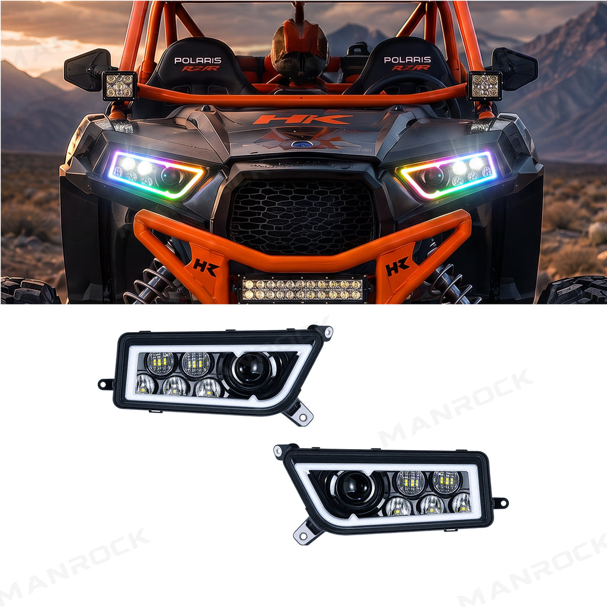 RGB Halo Kits LED Headlight Assembly Angel Eyes Halo Ring 2PCS for Polaris RZR