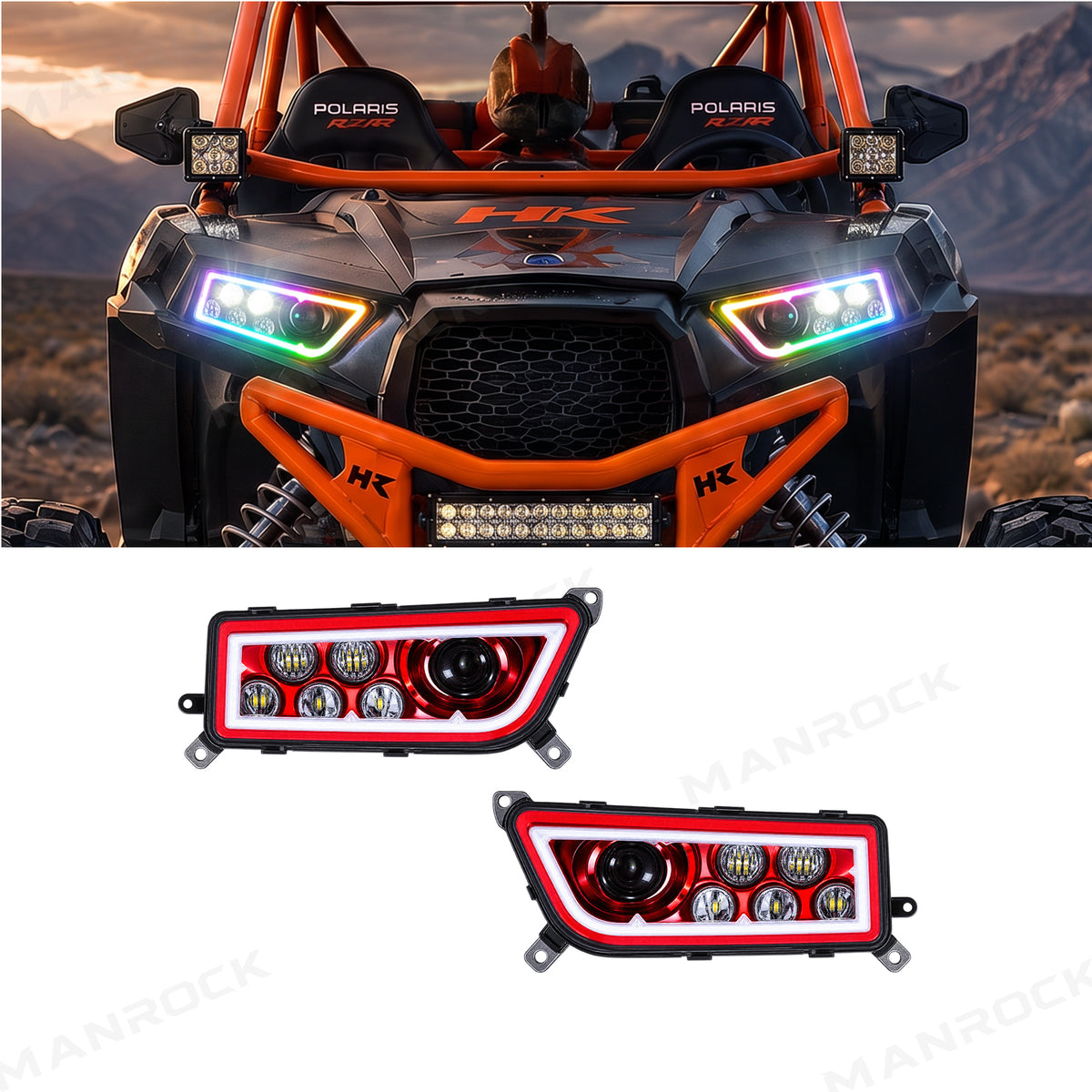 RGB Halo Kits LED Headlight Assembly Angel Eyes Halo Ring 2PCS for Polaris RZR