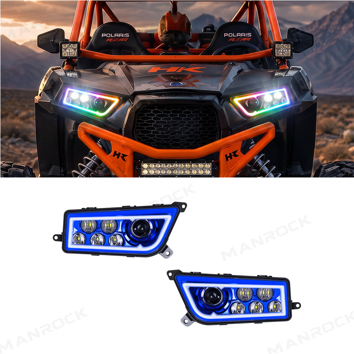 RGB Halo Kits LED Headlight Assembly Angel Eyes Halo Ring 2PCS for Polaris RZR