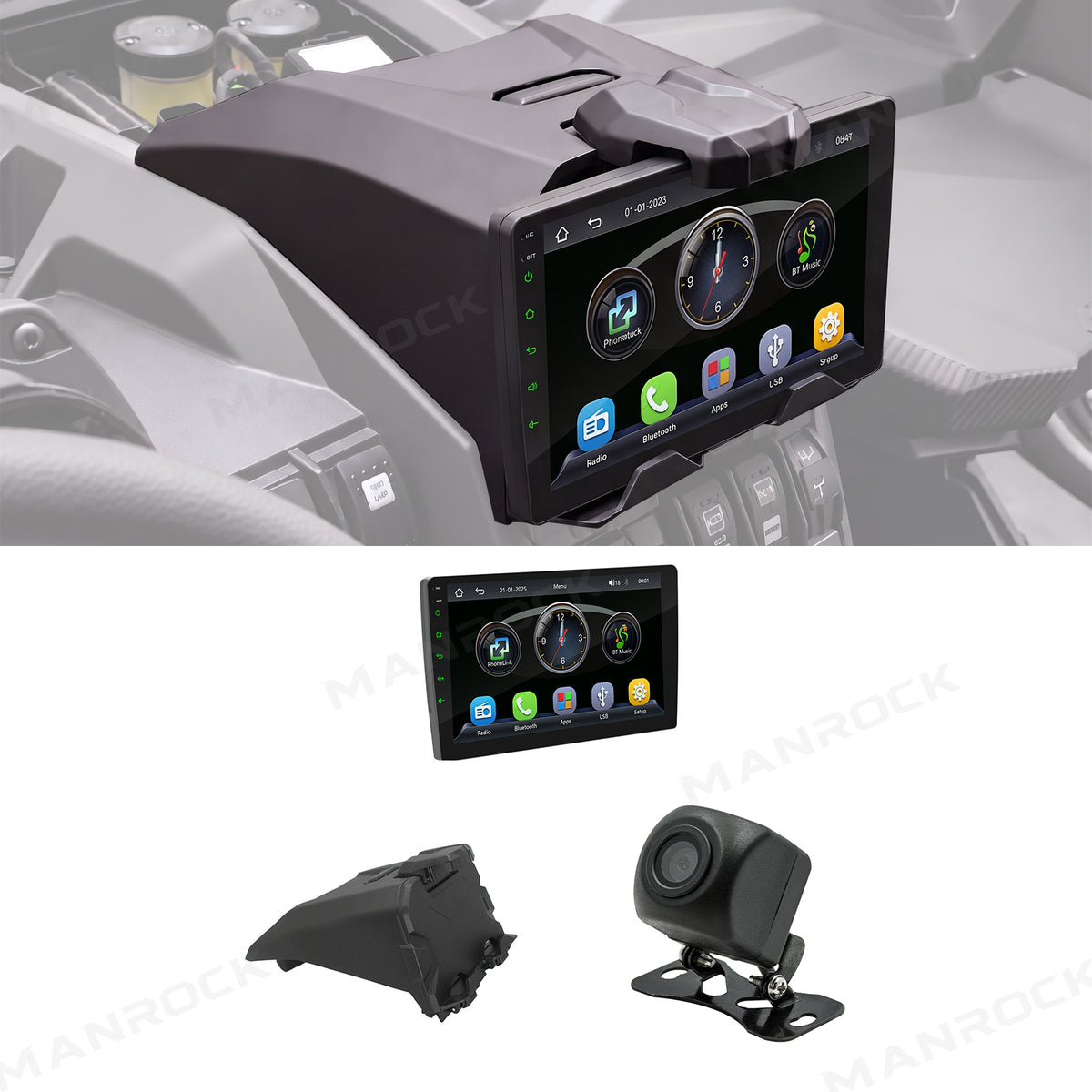 Manrock 10" CarPlay Stereo Kit with AHD Backup Camera and Dash Mount with Storage Box for Can-Am Maverick X3 / X3 MAX