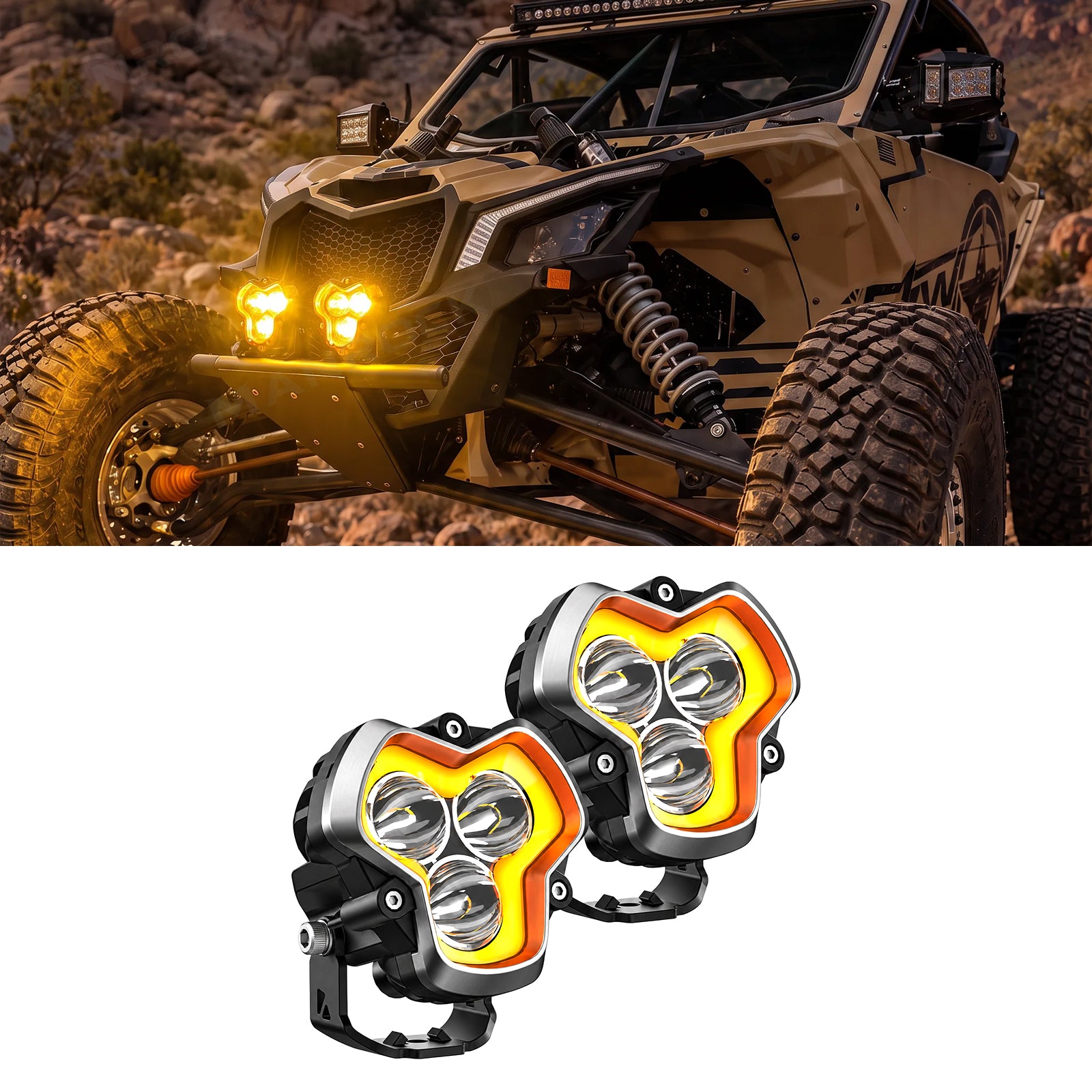 UTV LED Pod Lights 3-Inch Spot Lights with White & Amber DRL 2PCS Universal Fit for Polaris / Can-Am / Honda / Kawasaki / CFMOTO