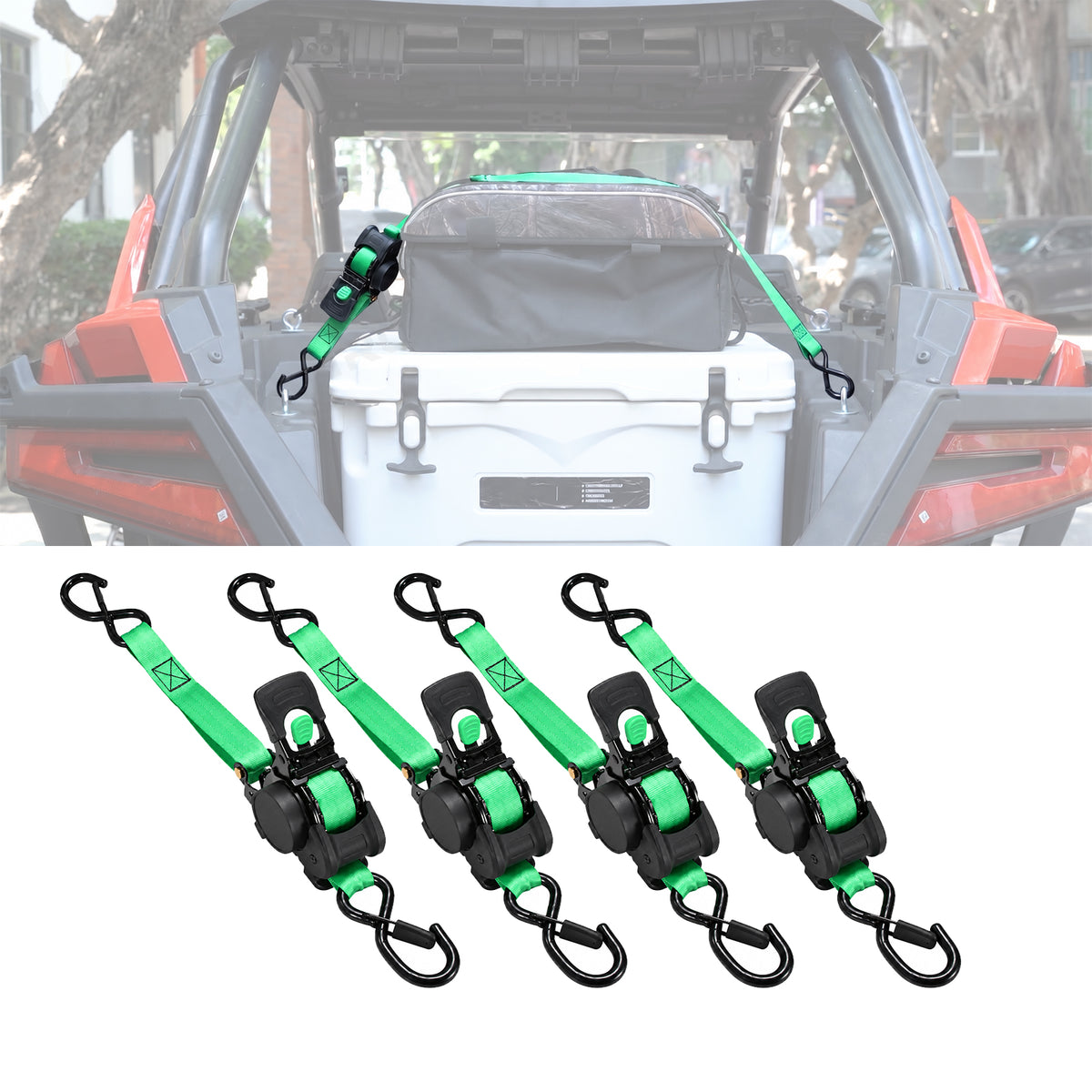 UTV ATV Retractable Ratchet Straps 1In ×10Ft Retractable Tie Downs 4PCS Universal UTV Polaris / Can-Am / Honda / Kawasaki / CFMOTO