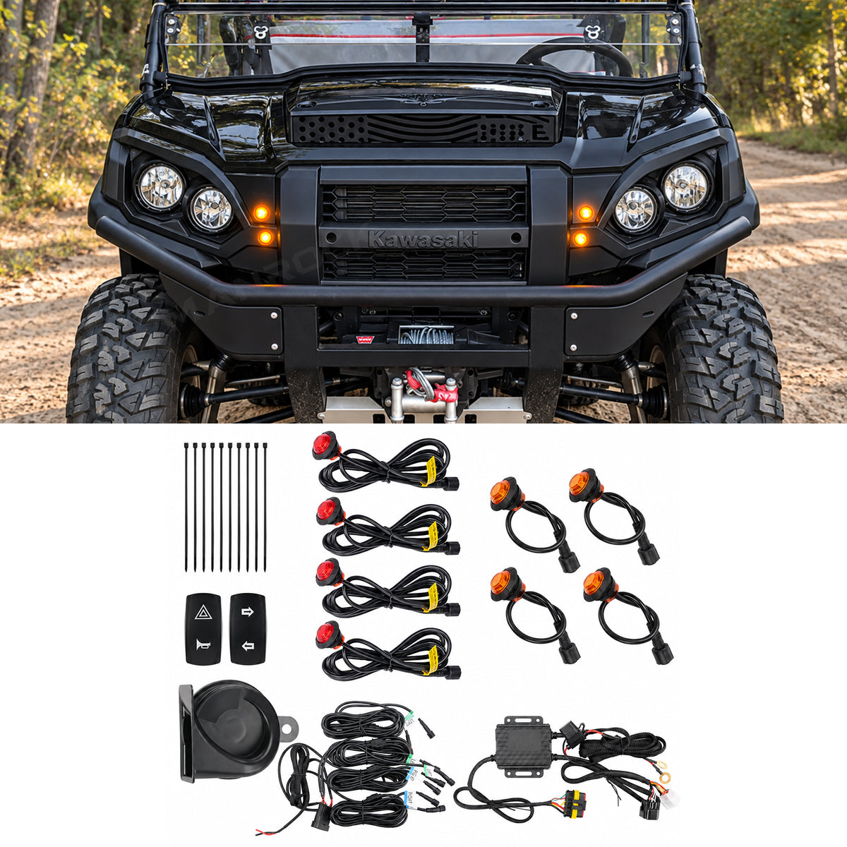 UTV Turn Signal Kit with 110dB Horn, Self-Canceling Amber LED Lights & Rocker Switches 4PCS Universal UTV Polaris / Can-Am / Honda / Kawasaki / CFMOTO