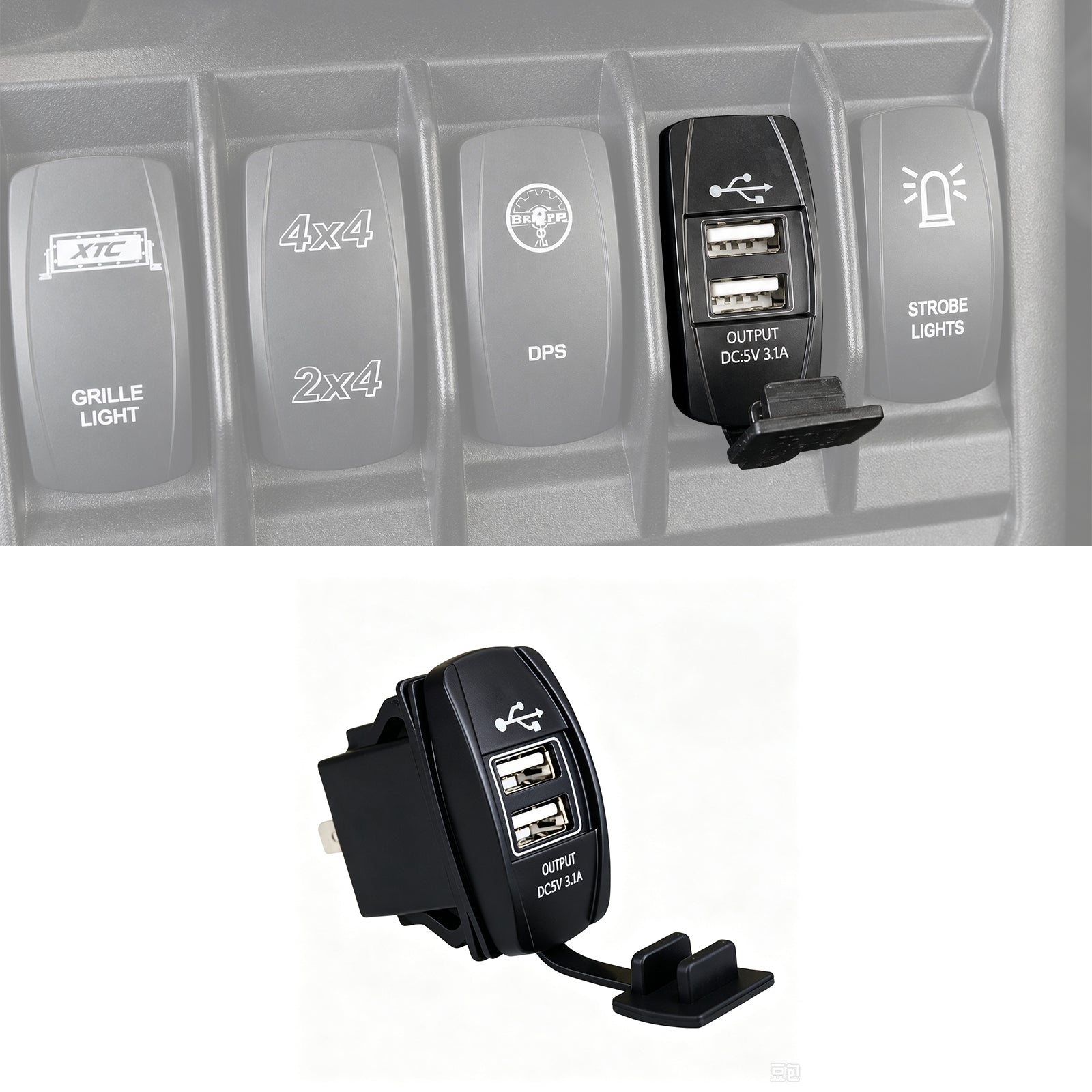 UTV ATV Dual USB Charging Port, Dash Charger Socket Rocker Switch Universal UTV Polaris / Can-Am / Honda / Kawasaki / CFMOTO
