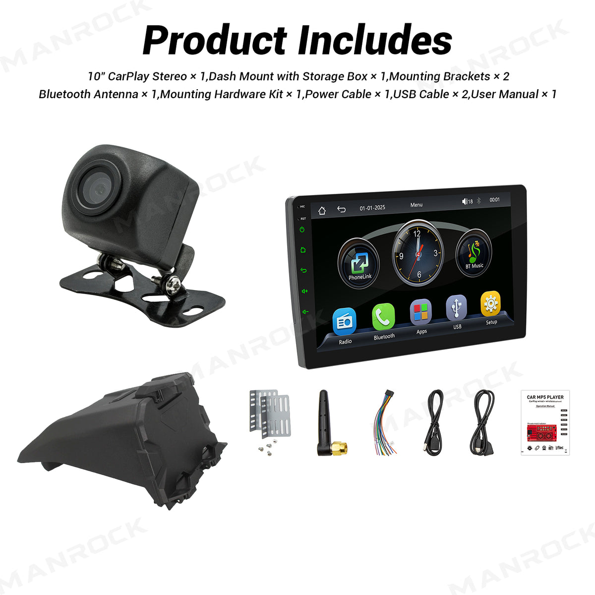 Manrock 10" CarPlay Stereo Kit with AHD Backup Camera and Dash Mount with Storage Box for Can-Am Maverick X3 / X3 MAX
