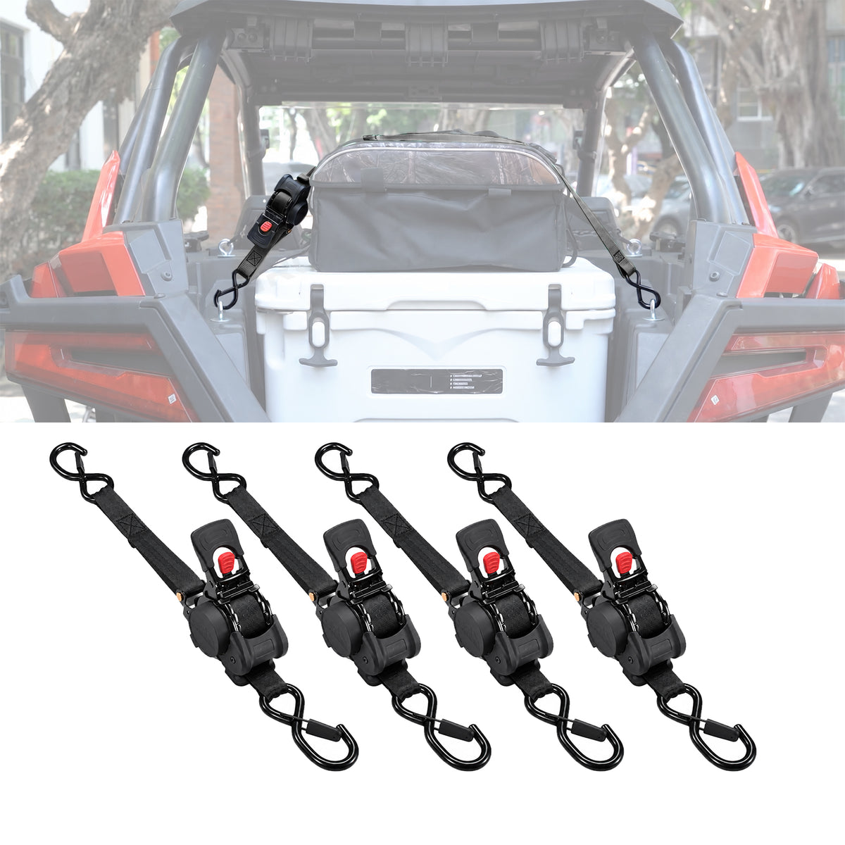 UTV ATV Retractable Ratchet Straps 1In ×10Ft Retractable Tie Downs 4PCS Universal UTV Polaris / Can-Am / Honda / Kawasaki / CFMOTO