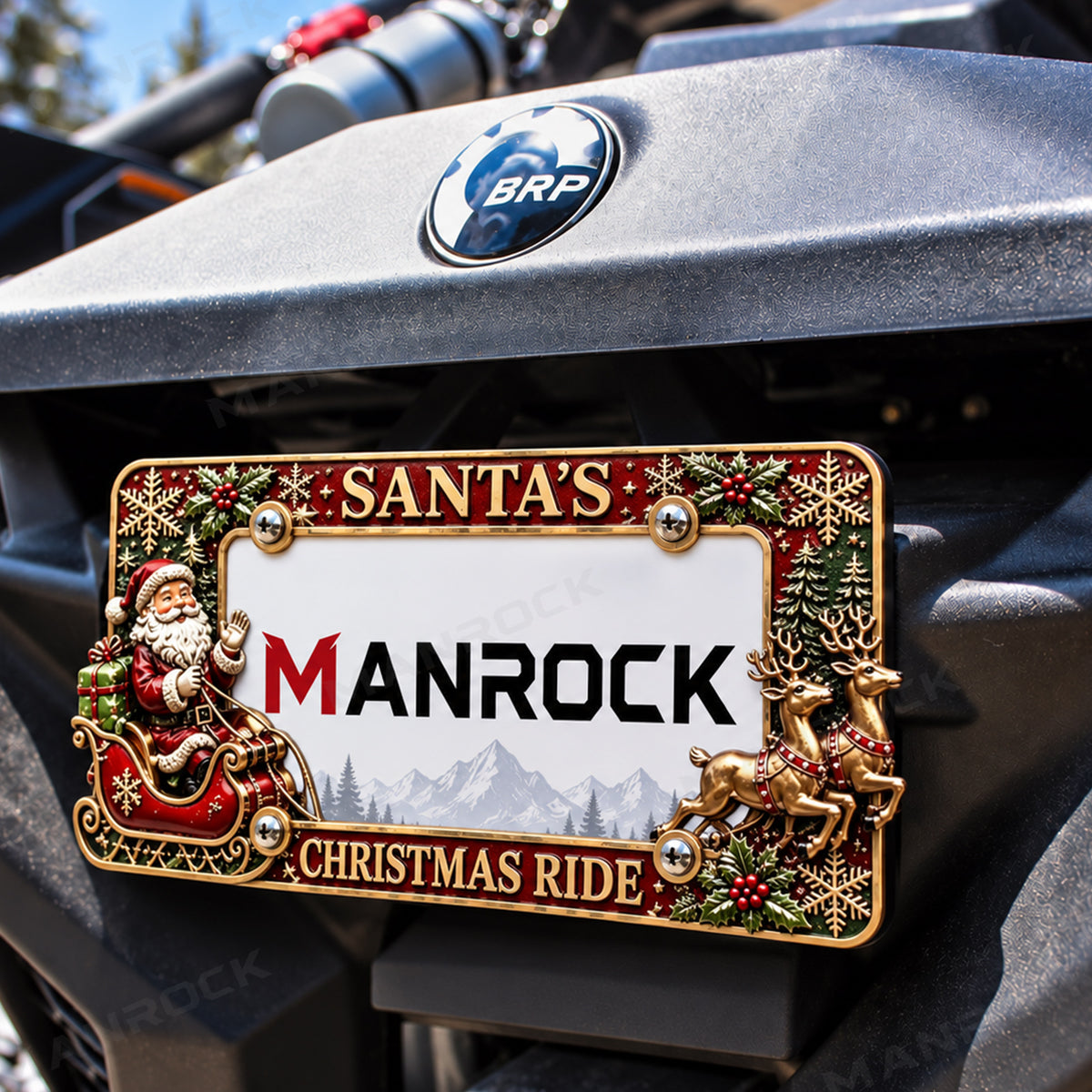 Christmas License Plate Frame, 7"x 4" Metal Motorcycle Tag Frame Universal UTV ATV Polaris / Can-Am / Honda / Kawasaki / CFMOTO