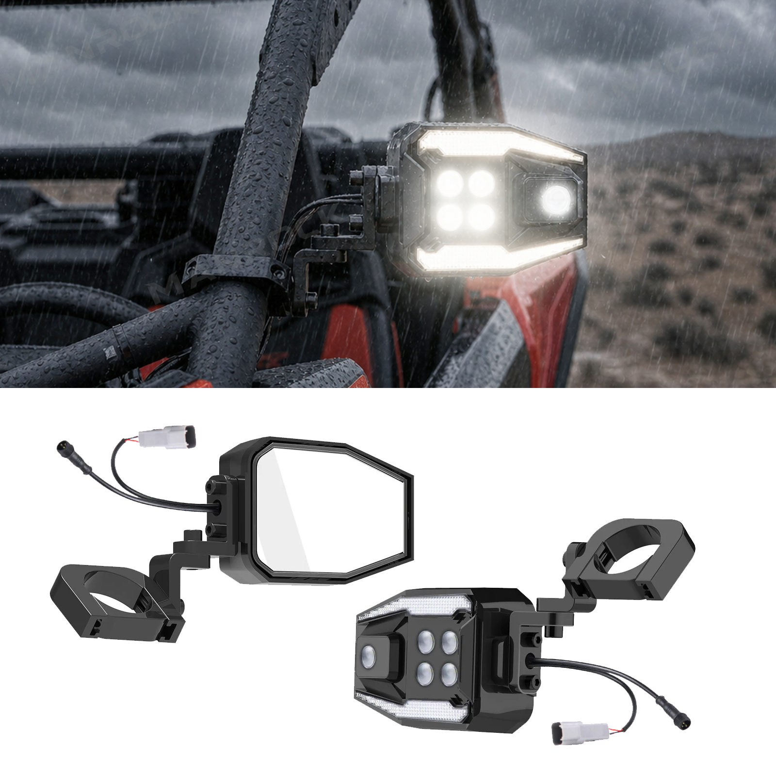 UTV ATV Side View Mirrors with Turn Signal Light + DRL, Universal Fit for 1.75"–2" Roll Bars