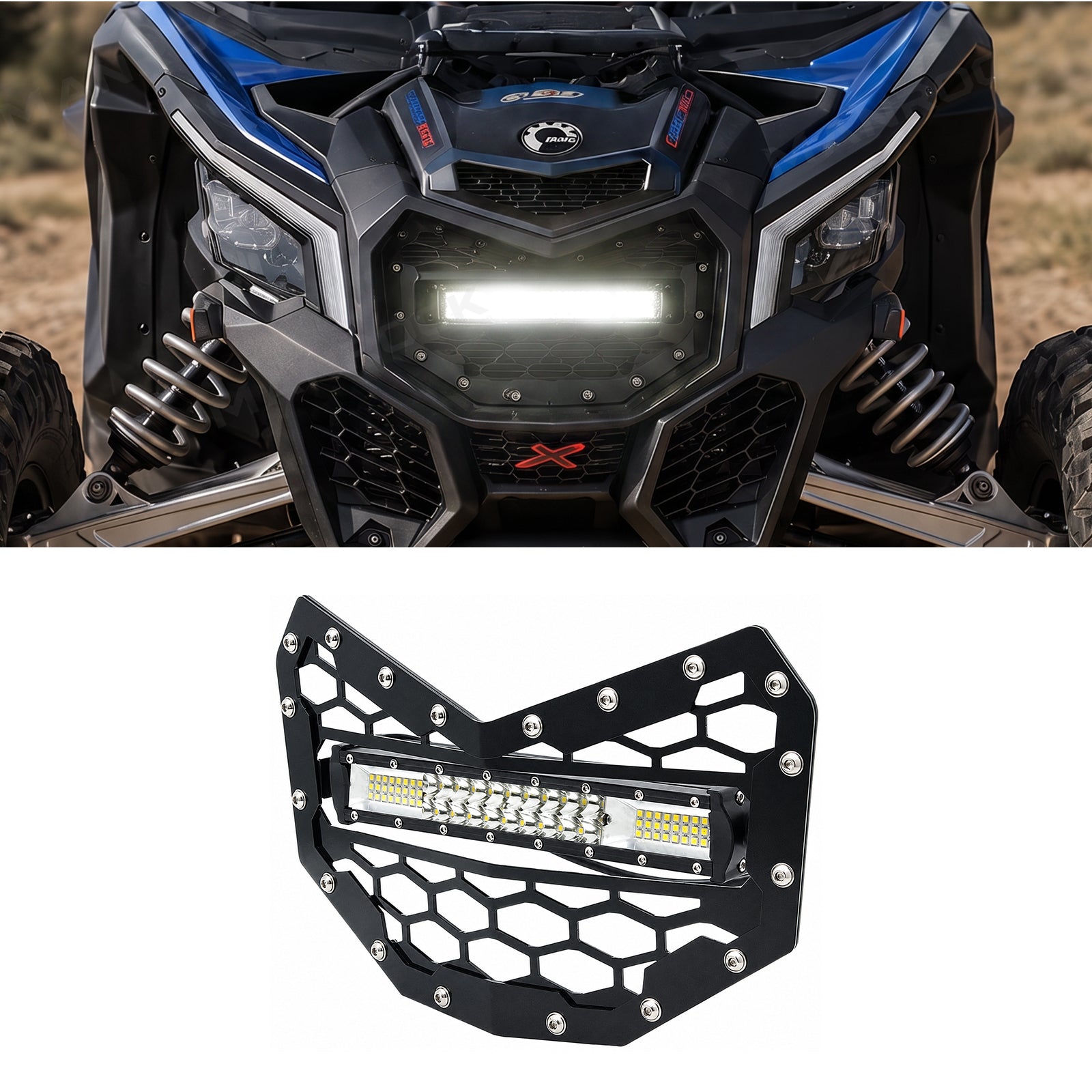 Front Bumper Grille with LED Light Bar & Combo Beam Replacement for Can-Am Maverick X3 / X3 Max