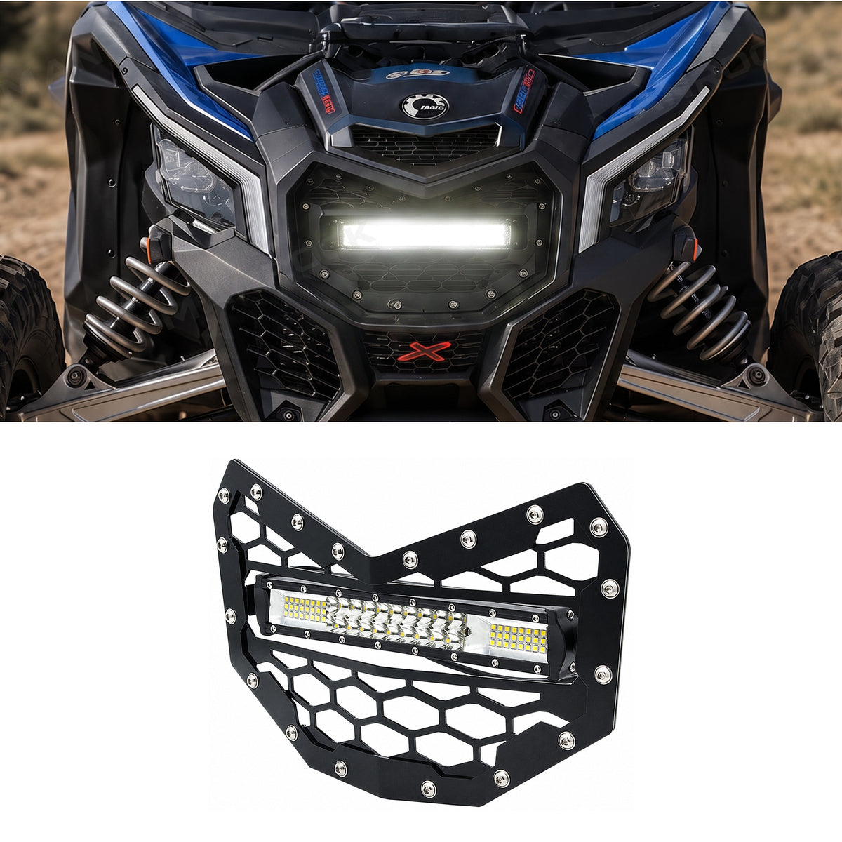 Front Bumper Grille with LED Light Bar & Combo Beam Replacement for Can-Am Maverick X3 / X3 Max
