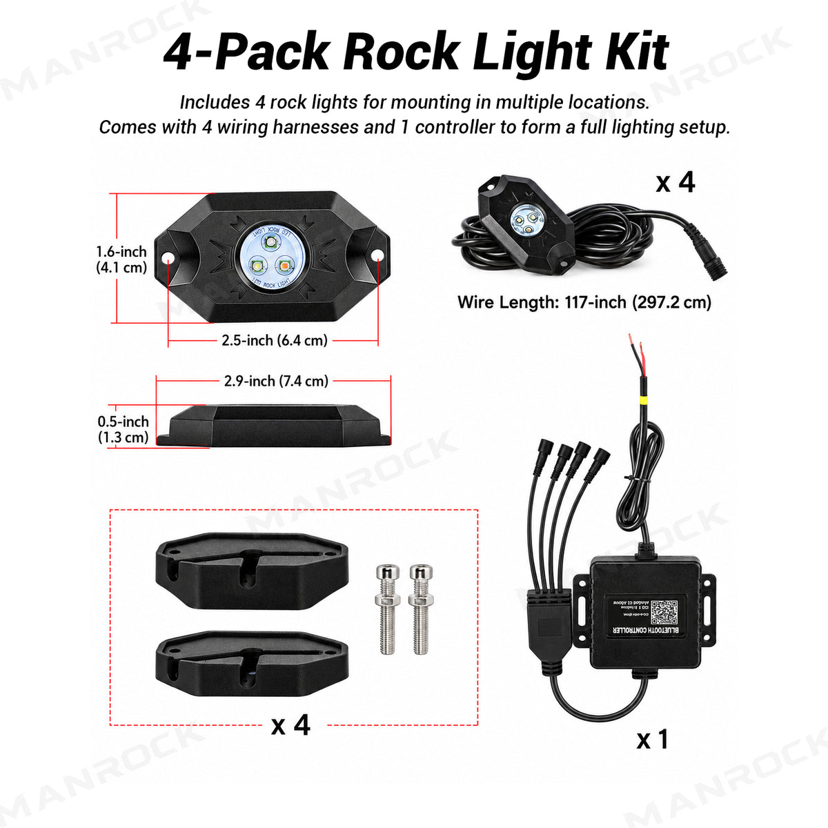 UTV ATV LED Rock Lights Kit RGB Underglow Lights with Bluetooth 4PCS Universal UTV 12V Polaris / Can-Am / Honda / Kawasaki / CFMOTO