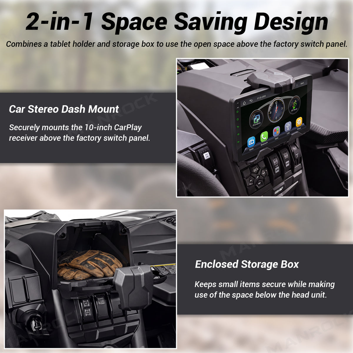Manrock 10" CarPlay Stereo Kit with AHD Backup Camera and Dash Mount with Storage Box for Can-Am Maverick X3 / X3 MAX
