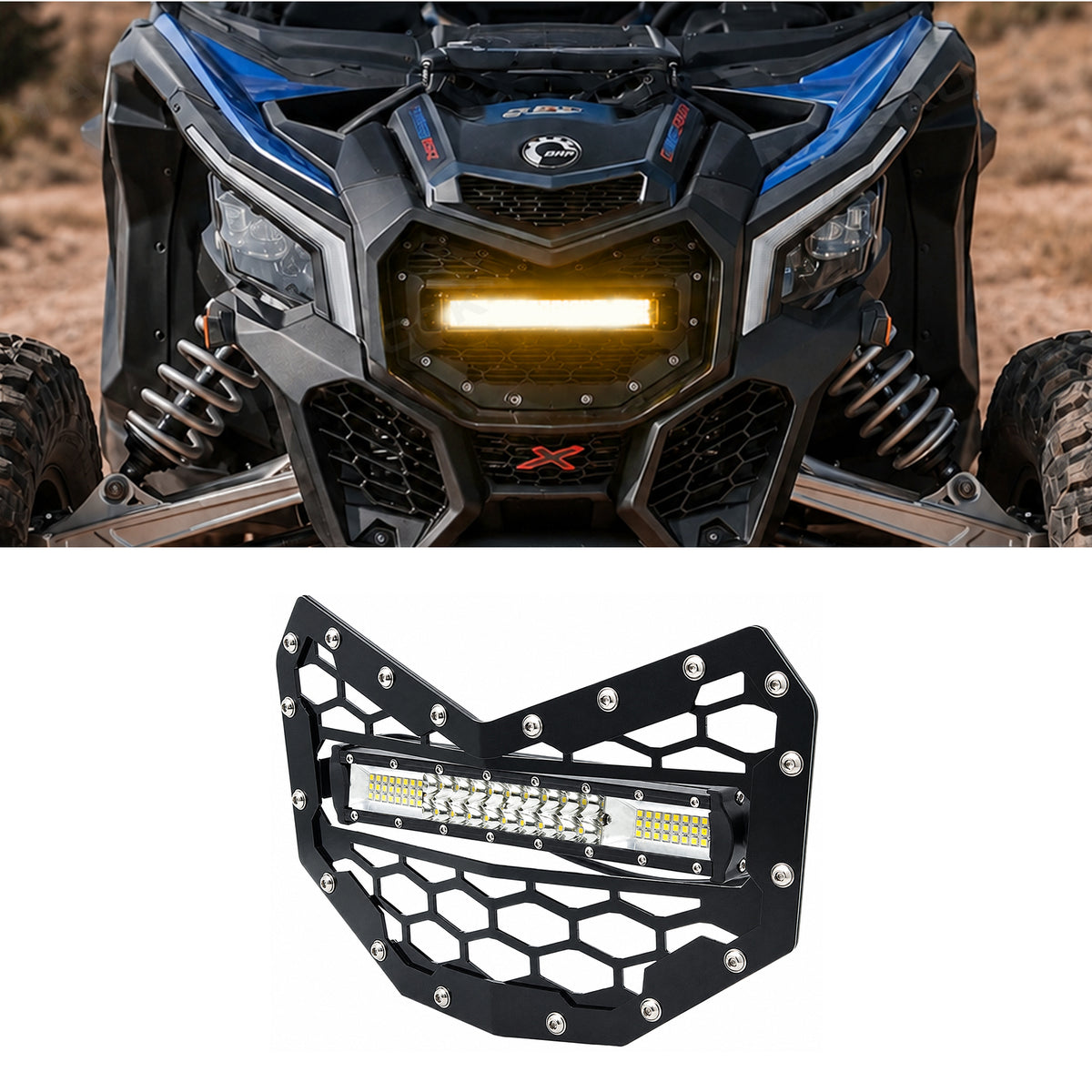 Front Bumper Grille with LED Light Bar & Combo Beam Replacement for Can-Am Maverick X3 / X3 Max