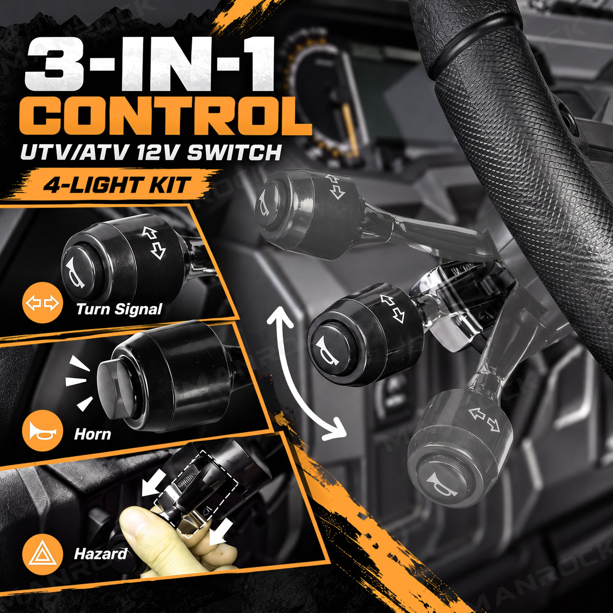 UTV Turn Signal Kit with 110dB Horn, 12V Amber LED Triangle Lights & Column Switch Universal UTV Polaris / Can-Am / Honda / Kawasaki / CFMOTO