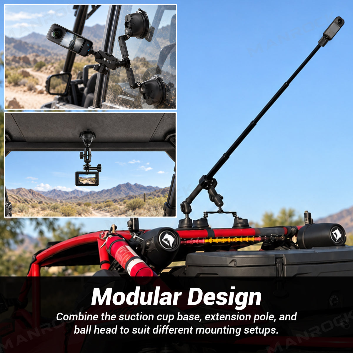 Triple Suction Cup Car Mount Kit Camera Rig with Telescoping Pole Universal UTV Polaris / Can-Am / Honda / Kawasaki / CFMOTO