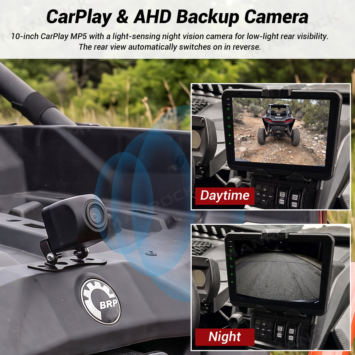 Manrock 10" CarPlay Stereo Kit with AHD Backup Camera and Dash Mount with Storage Box for Can-Am Maverick X3 / X3 MAX