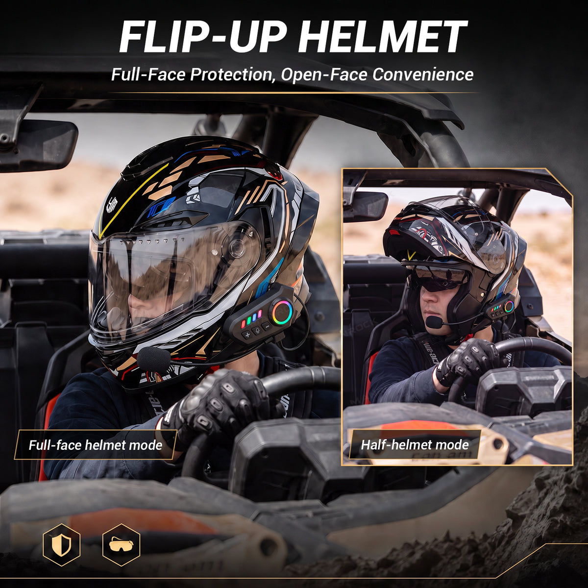 UTV ATV Helmets Full Face with Bluetooth Headset, Modular Motorcycle Helmets Most UTVs Polaris / Can-Am