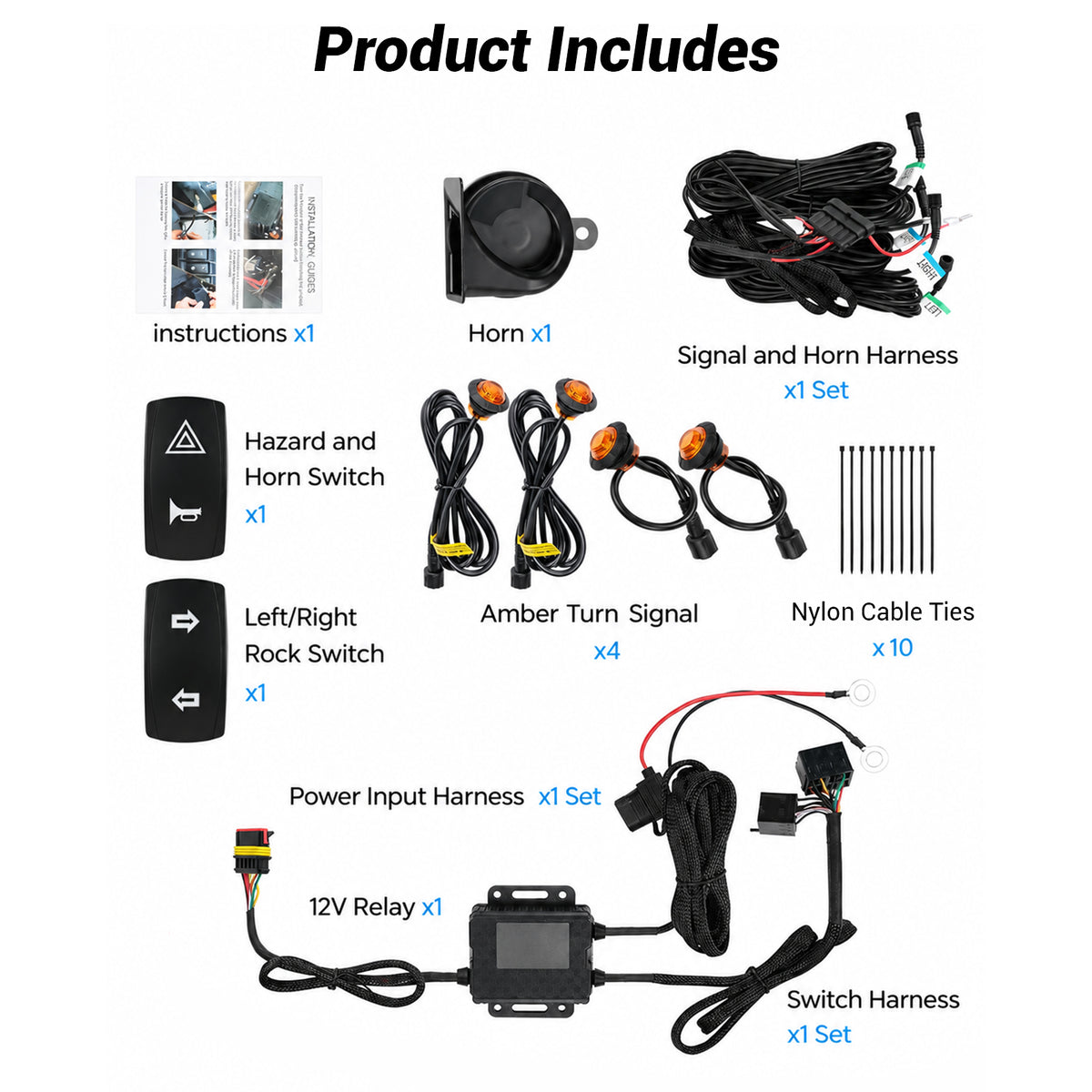 UTV Turn Signal Kit with 110dB Horn, Self-Canceling Amber LED Lights & Rocker Switches 4PCS Universal UTV Polaris / Can-Am / Honda / Kawasaki / CFMOTO