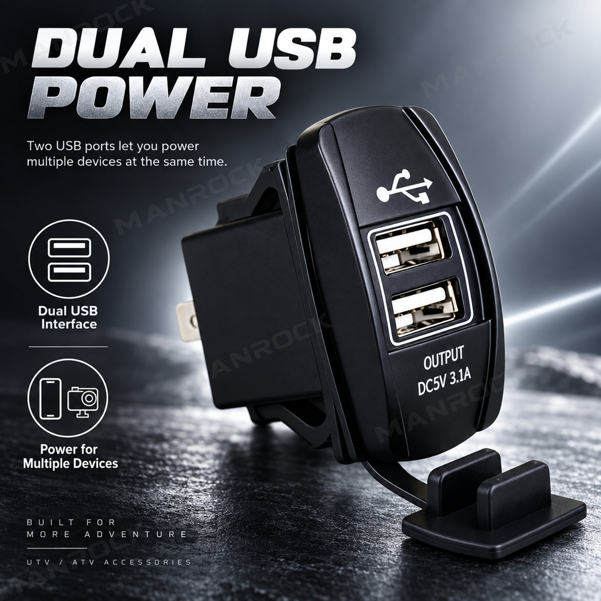 UTV ATV Dual USB Charging Port, Dash Charger Socket Rocker Switch Universal UTV Polaris / Can-Am / Honda / Kawasaki / CFMOTO