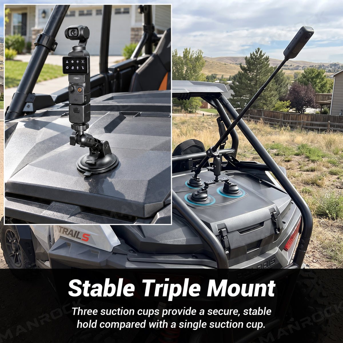 Triple Suction Cup Car Mount Kit Camera Rig with Telescoping Pole Universal UTV Polaris / Can-Am / Honda / Kawasaki / CFMOTO